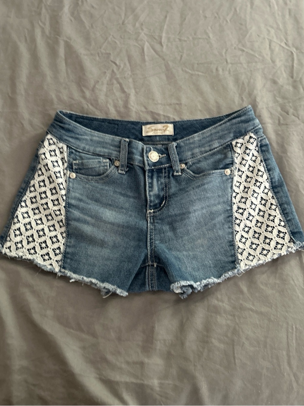 Seven7 ~Denim Jean shorts With lace accents , boho stitch pocket design